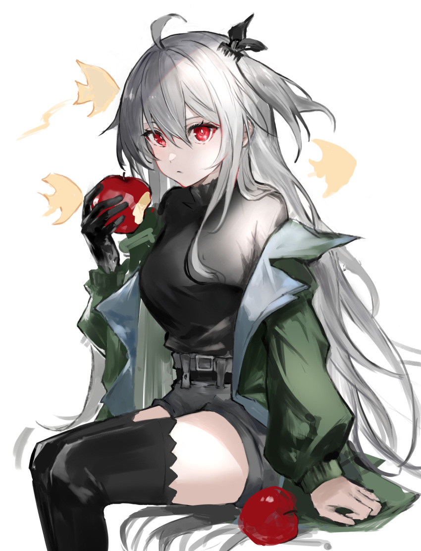 1girl apple arknights black_gloves black_shirt black_thighhighs commentary_request feet_out_of_frame food fruit gloves green_jacket grey_hair grey_shorts hair_between_eyes highres holding holding_food holding_fruit jacket long_hair long_sleeves looking_at_viewer off_shoulder official_alternate_costume one_side_up open_clothes open_jacket red_eyes s_4ik4 shirt short_shorts shorts simple_background single_glove sitting skadi_(arknights) skadi_(the_next_afternoon_tea)_(arknights) solo thighhighs thighs very_long_hair white_background