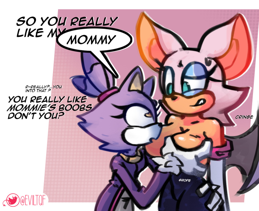 &lt;3 &lt;3_eyes 2023 age_difference anthro anthro_on_anthro archie_comics awkward awkward_smile bat bat_wings big_breasts big_ears blaze_the_cat blush bodily_fluids breast_fondling breast_out breast_play breast_squish breasts butt butt_grab clothed clothing cringing dialogue dialogue_box digital_drawing_(artwork) digital_media_(artwork) domestic_cat duo english_text eviltqf eyelashes eyeliner felid feline felis female female/female fingers fondling fur gloved_hands gloves green_eyes grope groping_breasts hair hand_on_breast hand_on_butt handwear huge_breasts idw_publishing makeup mammal megabat membrane_(anatomy) membranous_wings mobian_cat mommy_kink open_mouth partially_clothed ponytail princess purple_body purple_fur rouge_the_bat royalty sega shaded simple_background size_difference sketch small_breasts smile sonic_adventure sonic_the_hedgehog_(archie) sonic_the_hedgehog_(comics) sonic_the_hedgehog_(idw) sonic_the_hedgehog_(series) sonic_x speech_bubble squish sweat sweatdrop teeth text thick_thighs tight_clothing white_body white_fur wide_eyed wings yellow_eyes