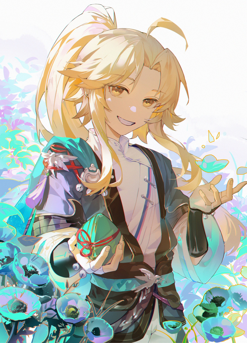 1boy absurdres bell belt blonde_hair blue_belt blue_flower chinese_clothes collar flower gloves hair_ornament hair_stick half_gloves high_ponytail highres holding_rock honkai:_star_rail honkai_(series) leleyoukuailele light_blue_jacket long_hair looking_at_viewer medallion purple_tassel red_ribbon ribbon smile solo teeth transparent_flower white_background white_collar white_undershirt yanqing_(honkai:_star_rail) yellow_eyes