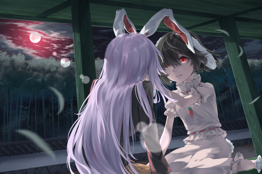 2girls animal_ears bamboo bamboo_forest black_hair black_jacket breasts carrot_necklace closed_mouth commentary_request expressionless floppy_ears forest frilled_shirt frilled_sleeves frills full_body full_moon hair_between_eyes hand_on_another's_cheek hand_on_another's_face highres inaba_tewi jacket jewelry lens_flare long_bangs long_sleeves looking_at_another moon multiple_girls nature necklace otomeza_ryuseigun rabbit_ears rabbit_girl red_eyes red_moon reisen_udongein_inaba ribbon-trimmed_shirt ribbon-trimmed_skirt ribbon-trimmed_sleeves ribbon_trim shirt short_hair short_sleeves skirt small_breasts touhou white_shirt white_skirt