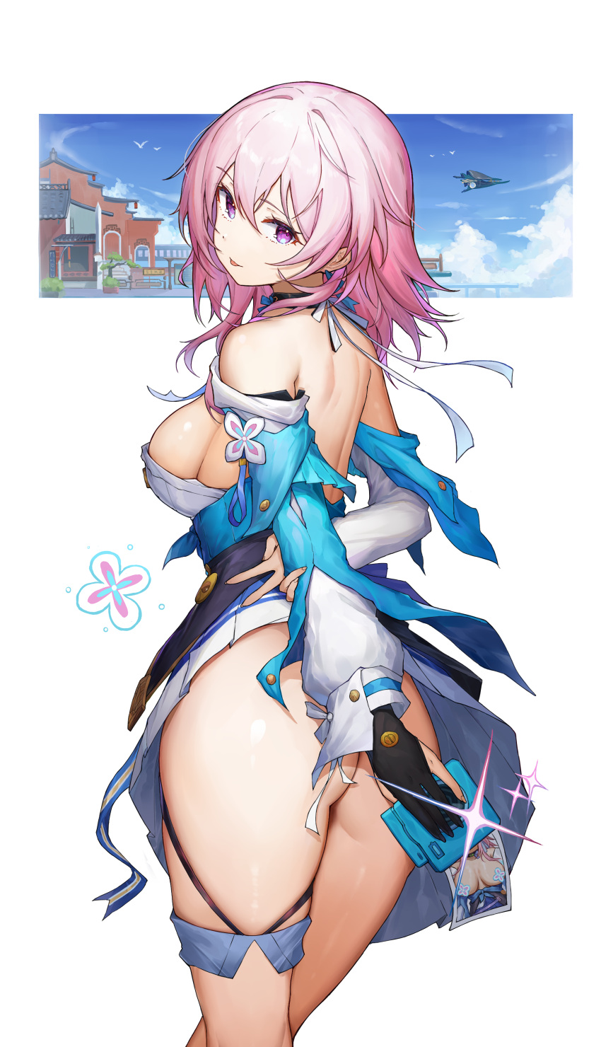 1girl :p absurdres aircraft airplane ass black_gloves blue_sky breasts cloud day detached_sleeves gloves hair_between_eyes highres holding holding_photo honkai:_star_rail honkai_(series) house kiriko_(araragikoyomi) large_breasts looking_at_viewer march_7th_(honkai:_star_rail) partially_fingerless_gloves photo_(object) pink_hair purple_eyes short_hair simple_background single_glove sky solo thighs tongue tongue_out