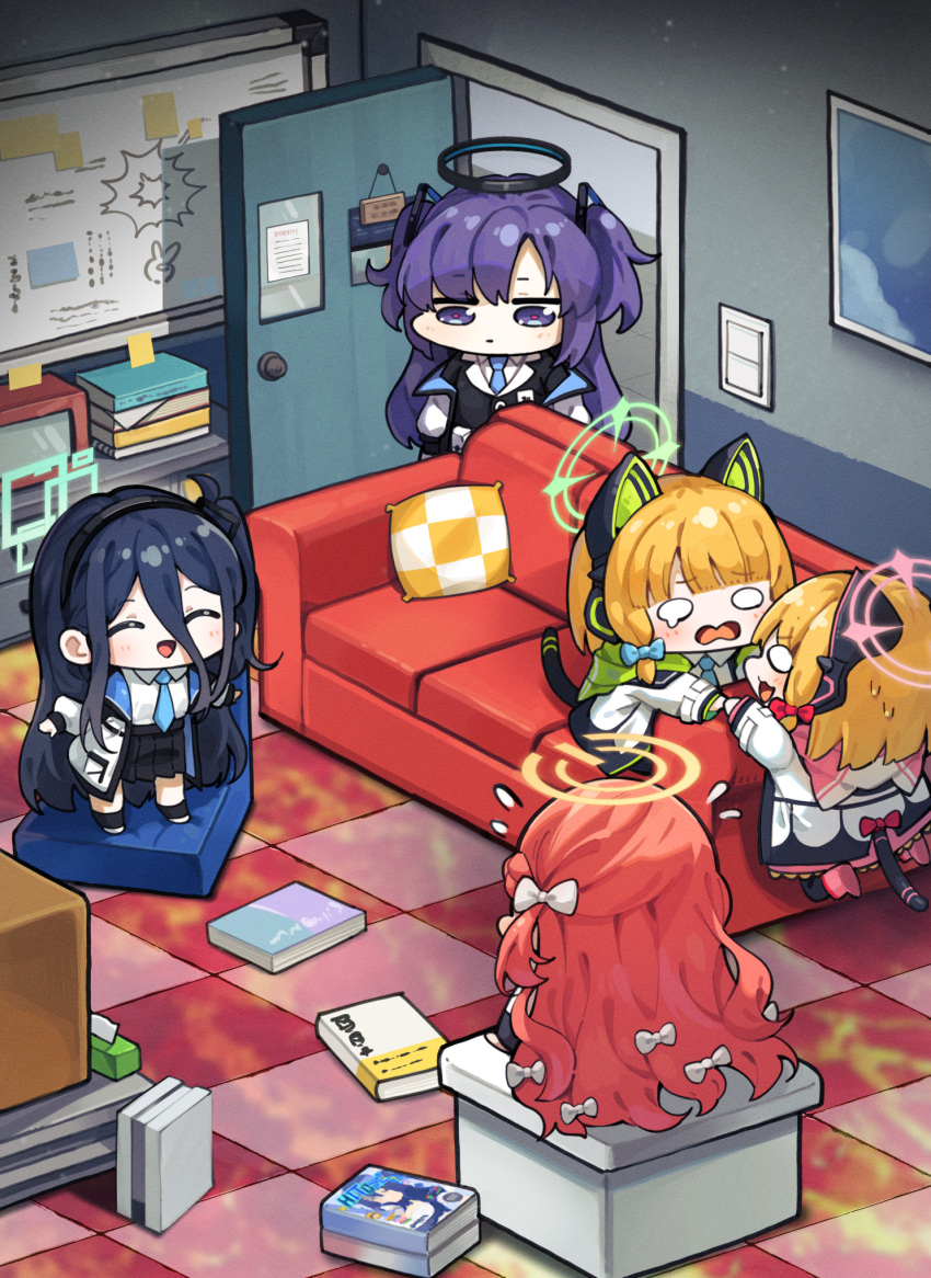 2ta2ta 5girls absurdly_long_hair animal_ear_headphones animal_ears aris_(blue_archive) black_hair black_skirt blonde_hair blue_archive blue_bow blue_necktie blush bow cat_tail closed_eyes closed_mouth collared_shirt door fake_animal_ears game_development_department_(blue_archive) green_halo hair_bow halo headphones highres indoors jacket long_hair long_sleeves mechanical_halo midori_(blue_archive) momoi_(blue_archive) multiple_girls necktie one_side_up open_clothes open_jacket open_mouth pink_halo pleated_skirt purple_eyes purple_hair red_bow red_hair shirt siblings sisters skirt smile suit tail twins two-sided_fabric two-sided_jacket two_side_up very_long_hair white_bow white_jacket white_shirt yellow_halo yuuka_(blue_archive) yuzu_(blue_archive)