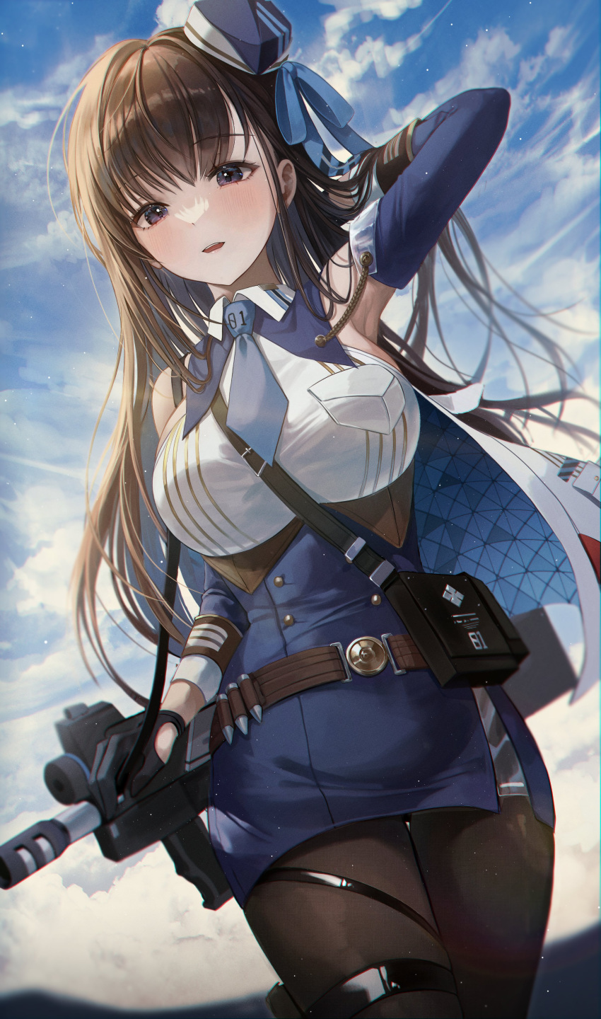 1girl absurdres arm_up armpits bare_shoulders belt black_pantyhose breasts brown_hair detached_sleeves floating_hair goddess_of_victory:_nikke hair_tucking hand_in_own_hair hat highres holster jacket large_breasts long_hair looking_at_viewer marian_(nikke) military military_hat military_uniform myowa necktie pantyhose pouch purple_eyes sleeveless solo thigh_holster uniform weapon weapon_on_back white_jacket
