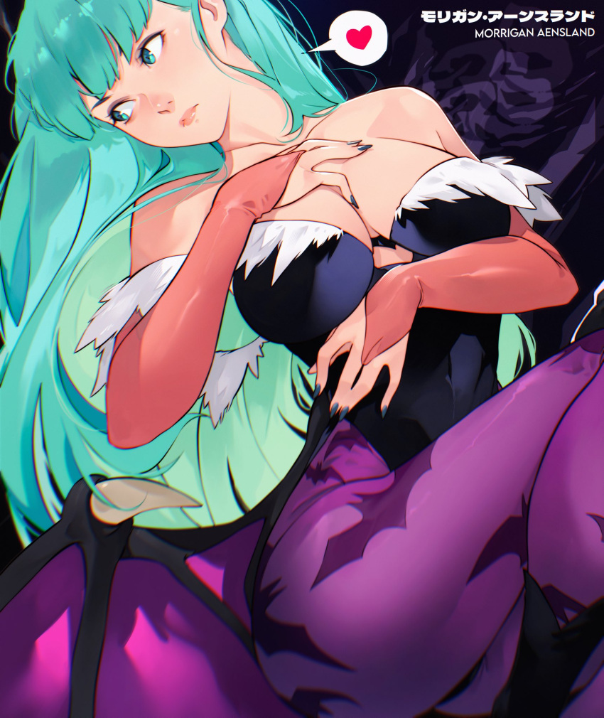 1girl animal_print aqua_eyes aqua_hair bare_shoulders bat_print black_leotard black_wings blue_nails breasts bridal_gauntlets cesar_art456 character_name cleavage closed_mouth commentary demon_girl demon_wings elbow_gloves english_commentary fingernails gloves heart highres large_breasts leotard lips long_hair morrigan_aensland pantyhose pink_lips print_pantyhose purple_pantyhose solo strapless strapless_leotard thighs vampire_(game) wings