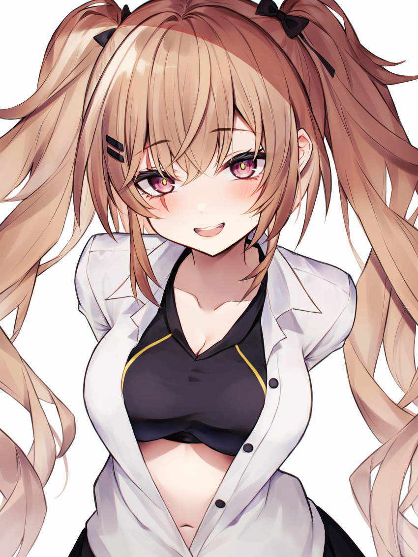 1girl :d absurdres arms_behind_back bow breasts brown_hair cleavage diieru girls'_frontline hair_bow hair_ornament hairclip highres large_breasts long_hair looking_at_viewer medium_breasts open_clothes open_shirt pink_eyes simple_background smile solo twintails ump9_(girls'_frontline) upper_body very_long_hair white_background