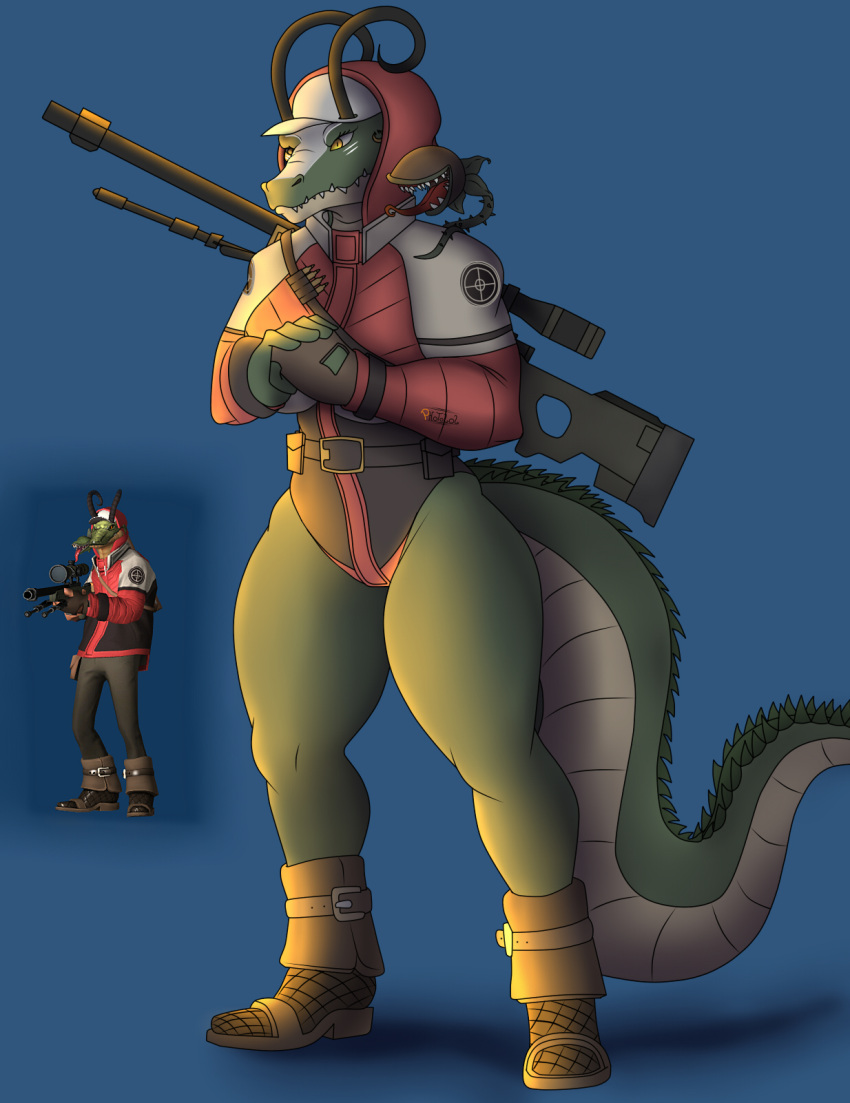 anthro big_breasts big_butt breasts butt carnivorous_plant clothed clothing crocodile crocodilian crocodylid female hi_res miss-mundany_(photolol.03) muscular muscular_female photolol.03 plant reptile scalie simple_background sniper_(team_fortress_2) solo team_fortress_2 thick_thighs valve wide_hips