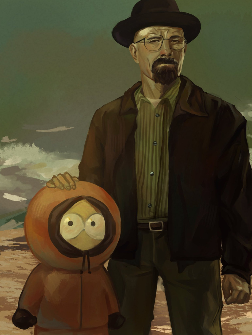 2boys belt breaking_bad brown_jacket brown_pants cloud coat commentary covered_mouth cowboy_shot crossover facial_hair goatee hand_on_another's_head hat height_difference highres jacket kenny_mccormick legs_apart male_focus multiple_boys nicoikn orange_coat outdoors pants serious south_park standing symbol-only_commentary walter_white wing_collar