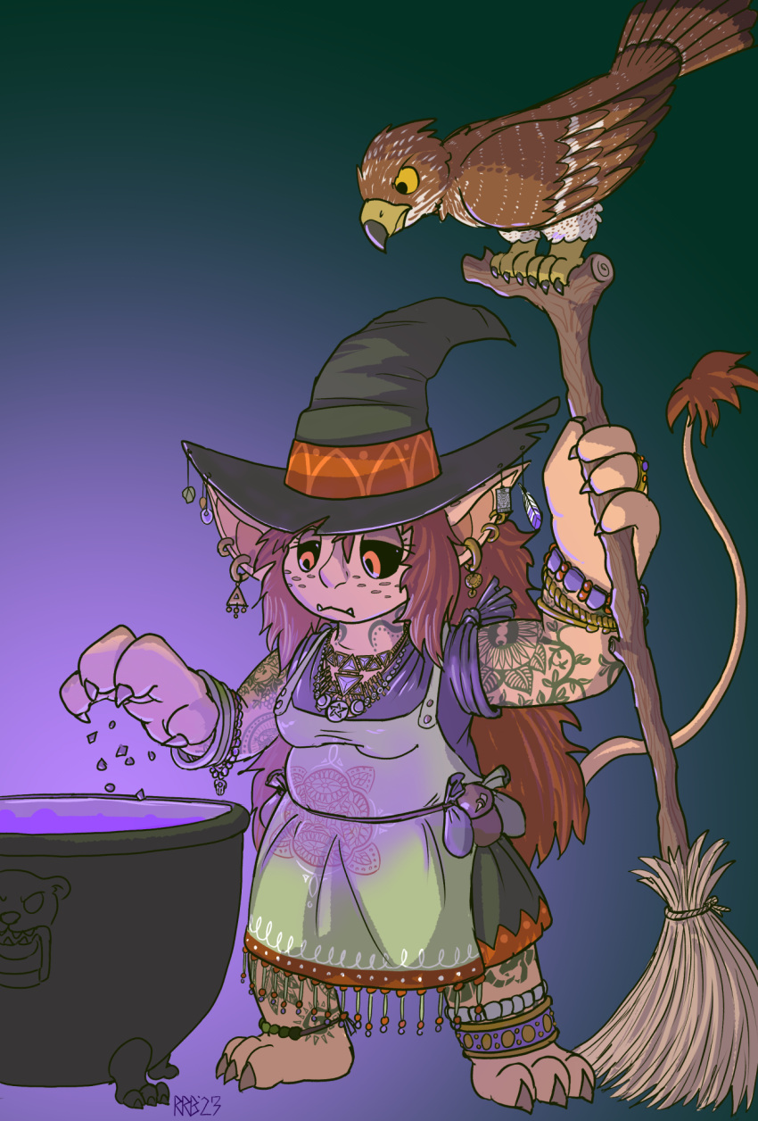 accipitrid accipitriform anklet avian bird black_sclera bracelet broom cauldron cleaning_tool clothing ear_piercing ear_ring familiar goblin hat headgear headwear hi_res humanoid jewelry magic_user piercing potion red_eyes ring_piercing run_rabbit_bounce witch witch_hat