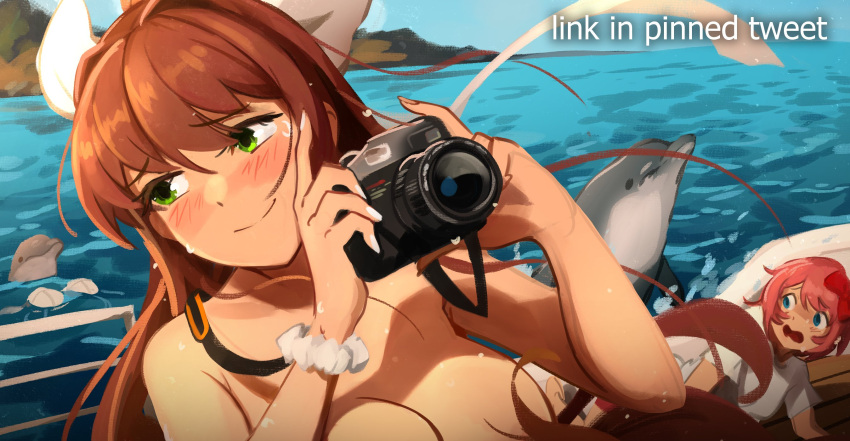 2girls animal bikini_top_removed blue_eyes blush bow breasts brown_hair camera day doki_doki_literature_club dolphin english_text green_eyes hair_bow highres holding holding_camera khyle. large_breasts long_hair monika_(doki_doki_literature_club) multiple_girls nipples nude outdoors pink_hair red_bow sayori_(doki_doki_literature_club) scared scrunchie short_hair upper_body water wet white_scrunchie wrist_scrunchie