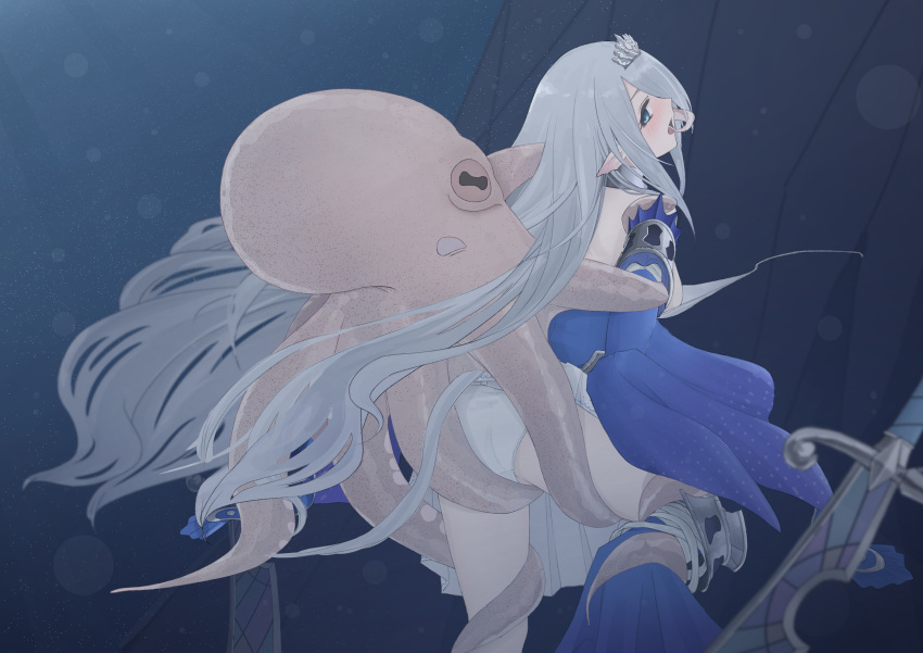 1girl absurdres ankle_fins backless_dress backless_outfit blue_dress blue_eyes blush circle dress duel_monster from_behind grey_hair groping highres light_particles long_hair looking_back masaki_(yuuuunno) octopus open_mouth panties siren_(mythology) sleeves_past_wrists solo tearlaments_havnis tentacles tiara underwater underwear yu-gi-oh!