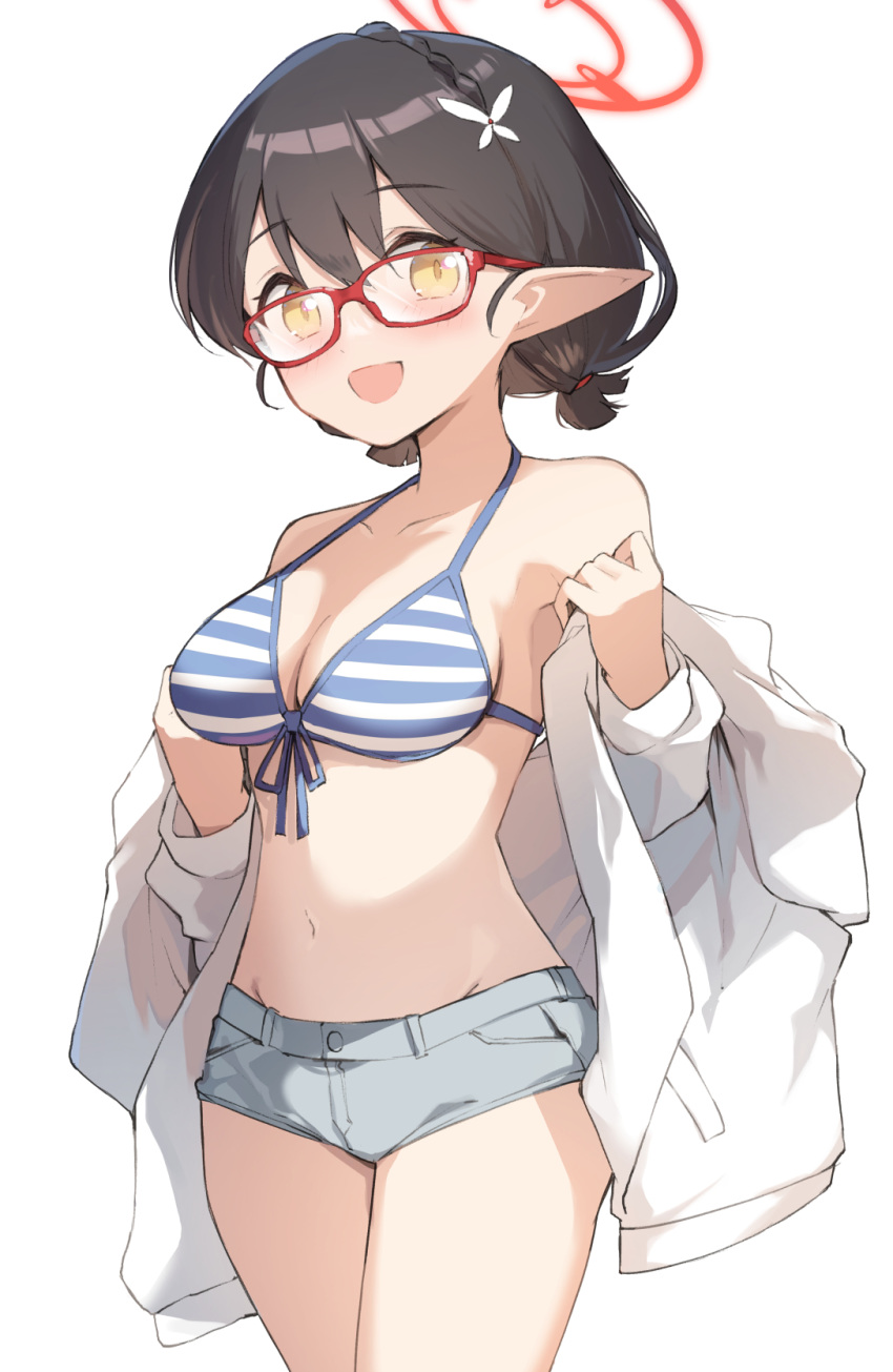 1girl alternate_costume ayane_(blue_archive) ayane_(swimsuit)_(blue_archive) bare_shoulders bikini bikini_top_only black_hair blue_archive blue_bikini braid breasts cleavage collarbone crown_braid denim denim_shorts glasses grey_shorts hair_between_eyes hair_ornament halo halterneck highres jacket looking_at_viewer low_twintails medium_breasts micro_shorts miya_kazutomo navel off_shoulder official_alternate_costume pointy_ears rectangular_eyewear red-framed_eyewear red_halo short_hair short_twintails shorts simple_background solo striped striped_bikini swimsuit thighs twintails white_background white_jacket yellow_eyes