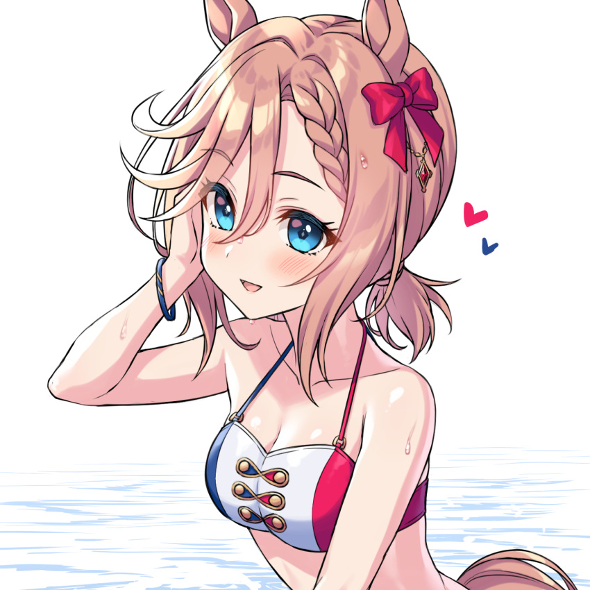 1girl animal_ears bikini blue_eyes blush breasts cleavage commentary_request hair_between_eyes hair_ornament heart highres horse_ears horse_girl horse_tail medium_breasts medium_hair ocean portrait ribbon short_twintails solo swimsuit tail tomo_(tmtm_mf_mf) twintails umamusume venus_park_(umamusume) white_background