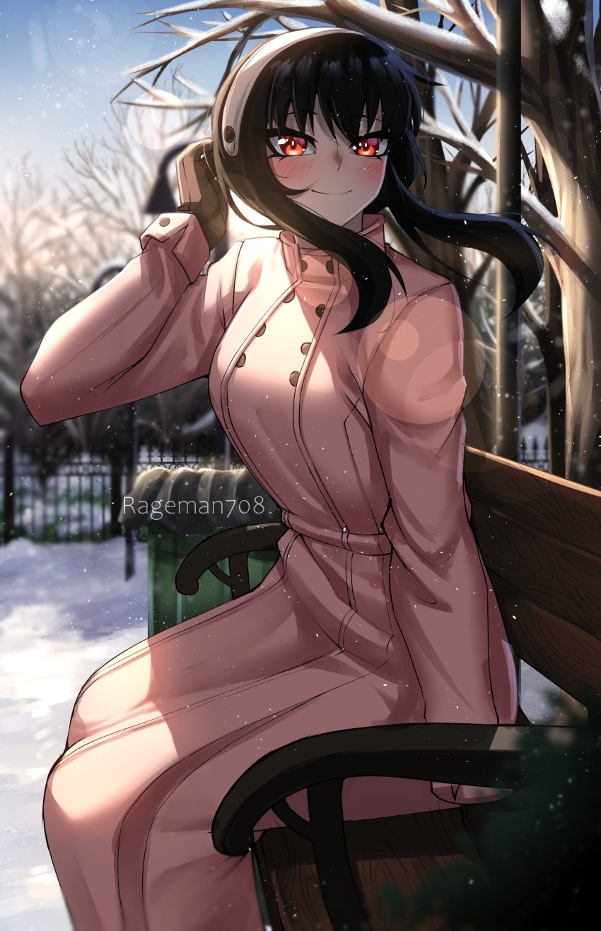 1girl absurdres bare_tree bench black_hair blue_sky blush commentary dress hairband highres long_hair long_sleeves looking_at_viewer outdoors pink_dress rageman709 red_eyes sitting sky smile snow solo spy_x_family tree white_hairband yor_briar