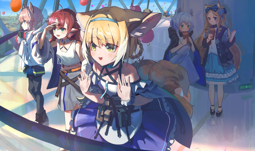 6+girls absurdres ahoge animal_ears arknights balloon bare_shoulders beagle_(arknights) black_footwear black_pantyhose blonde_hair blue_bow blue_eyes blue_flower blue_hair blue_hairband blush bow braided_hair_rings cat_ears cat_girl chinese_commentary closed_mouth coat commentary crepe cup demon_girl demon_horns dog_ears dog_girl double-parted_bangs dress drinking drinking_straw eating fang_(arknights) flower food fox_ears fox_girl fox_tail frilled_dress frilled_sleeves frills green_eyes hair_between_eyes hair_bow hair_flower hair_ornament hairband highres holding holding_cup holding_food hooded_coat horns horse_ears horse_girl ifrit_(arknights) indoors infection_monitor_(arknights) iris_(arknights) kitsune kroos_(arknights) kyuubi lab_coat light_brown_hair long_hair maple_(luoty111) multicolored_hair multiple_girls multiple_tails myrtle_(arknights) off-shoulder_dress off_shoulder pantyhose pink_hair purple_dress purple_hair rabbit_ears rabbit_girl red_hair rosmontis_(arknights) shamare_(arknights) short_hair sleeveless sleeveless_dress sussurro_(arknights) suzuran_(arknights) tail two-tone_hair very_long_hair white_coat white_dress white_hair