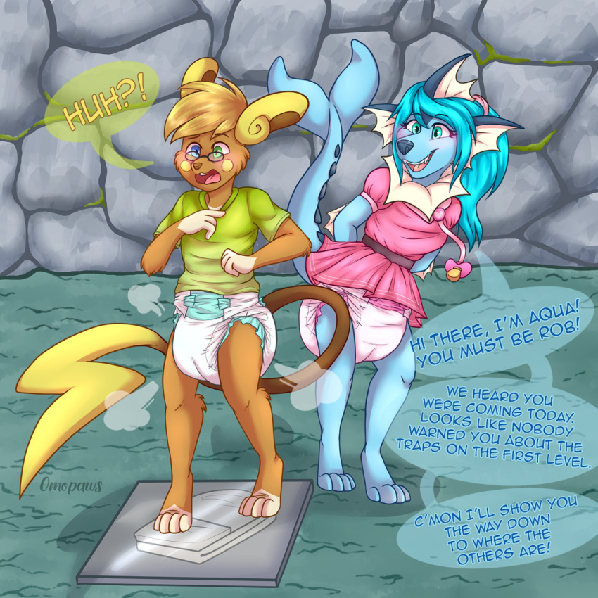 anthro clothed clothing dialogue diaper dungeon duo eeveelution embarrassed female generation_1_pokemon hi_res male male/female nintendo omopaws pokemon pokemon_(species) poof raichu shocked shocked_expression speech_bubble trap_(contrivance) vaporeon wearing_diaper