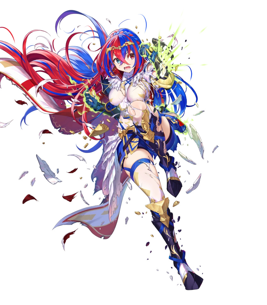 1girl alear_(female)_(fire_emblem) alear_(fire_emblem) armor armored_boots blue_eyes blue_hair boots braid breasts broken_armor cape elbow_pads fire_emblem fire_emblem_engage fire_emblem_heroes full_body gauntlets gloves glowing gold_trim heterochromia highres jewelry knee_boots kousei_horiguchi leg_up long_hair long_sleeves medium_breasts multicolored_hair non-web_source official_art open_mouth pale_skin pelvic_curtain puffy_sleeves red_eyes red_hair scroll shorts skirt solo teeth thighhighs thighs tiara torn_cape torn_clothes torn_gloves