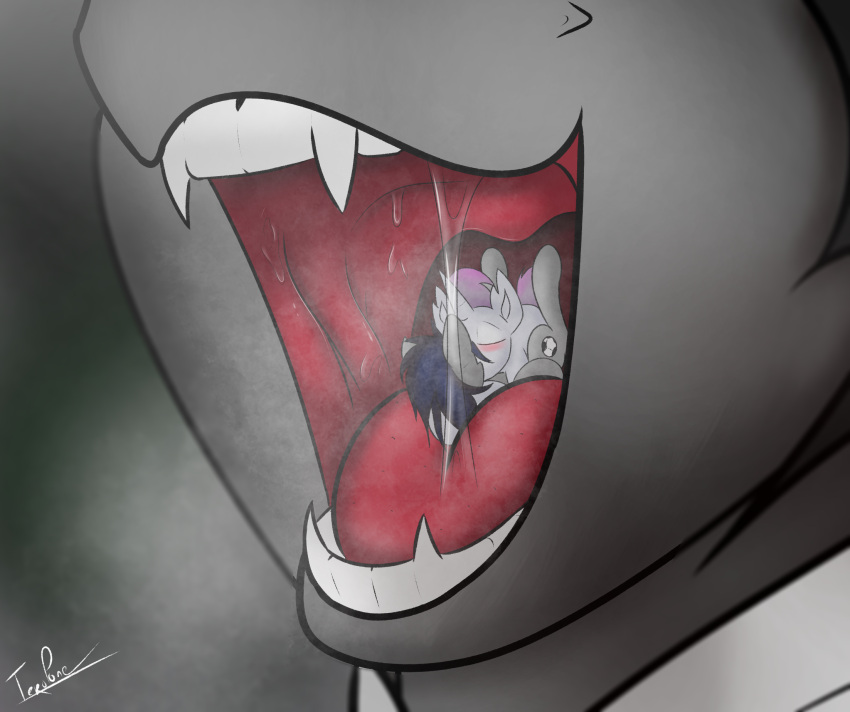 almost_fully_inside bodily_fluids breath close-up cutie_mark digital_media_(artwork) drooling equid equine fan_character fangs feral friendship_is_magic grey_body hasbro hi_res horn king_sombra_(mlp) kissing macro male male_pred male_prey mammal micro my_little_pony open_mouth oral_vore partially_inside saliva sharp_teeth signature size_difference smile teeth tero_(oc) teropone tongue unicorn uvula verlo_streams vore