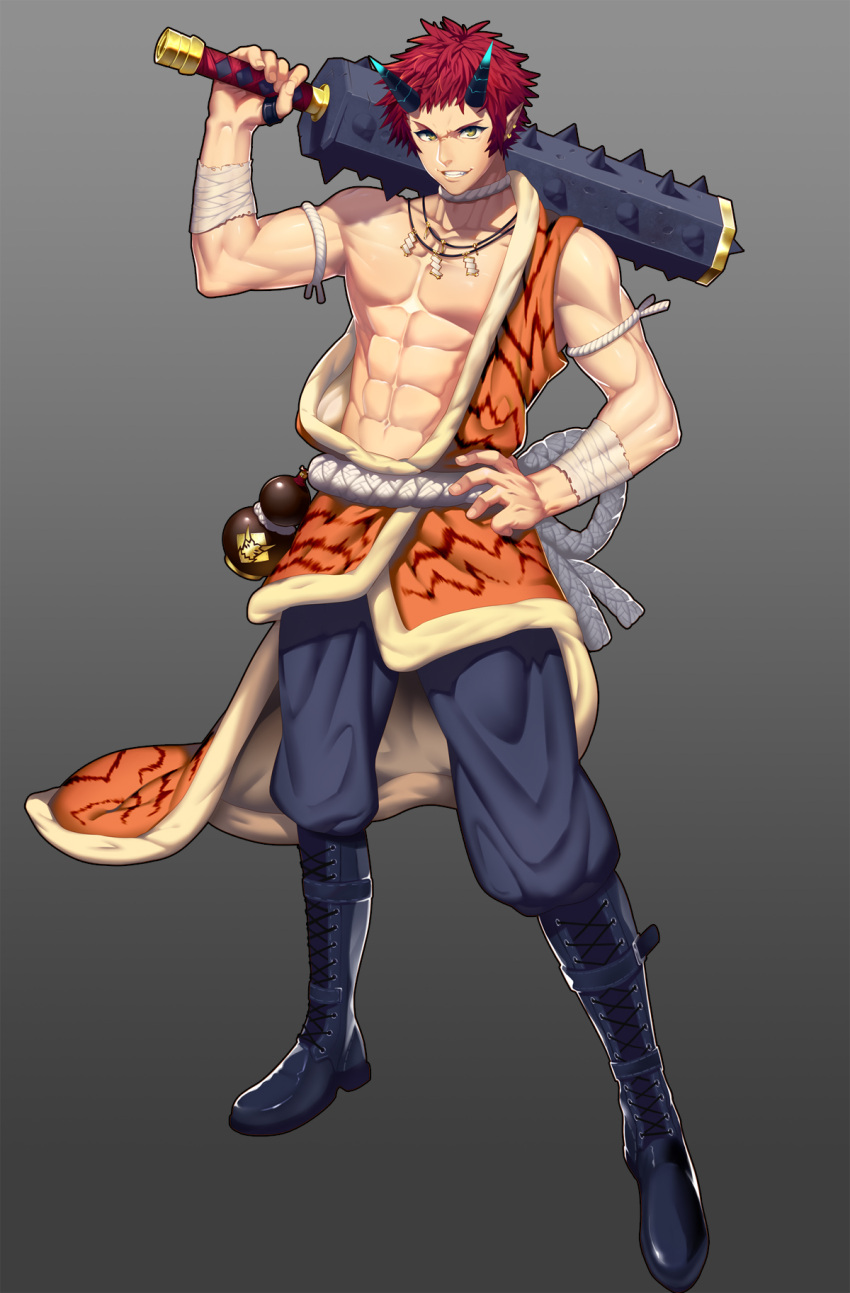 5_fingers abs asian_mythology clothed clothing demon demon_humanoid east_asian_mythology fingers hair hi_res holding_object holding_weapon horn horned_humanoid humanoid humanoid_pointy_ears japanese_mythology lvlv male muscular muscular_humanoid muscular_male mythology not_furry oni red_hair solo weapon yokai