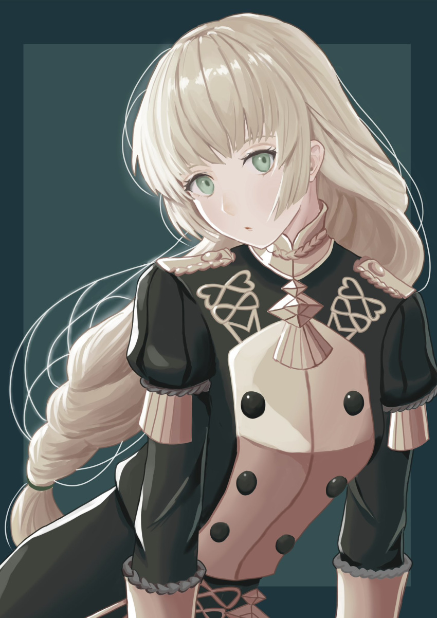 1girl black_jacket blonde_hair braid braided_ponytail contrapposto dangouo_ty epaulettes fire_emblem fire_emblem:_three_houses garreg_mach_monastery_uniform gold_trim green_eyes head_tilt highres ingrid_brandl_galatea jacket long_hair long_sleeves looking_at_viewer loose_hair_strand puckered_lips simple_background solo very_long_hair