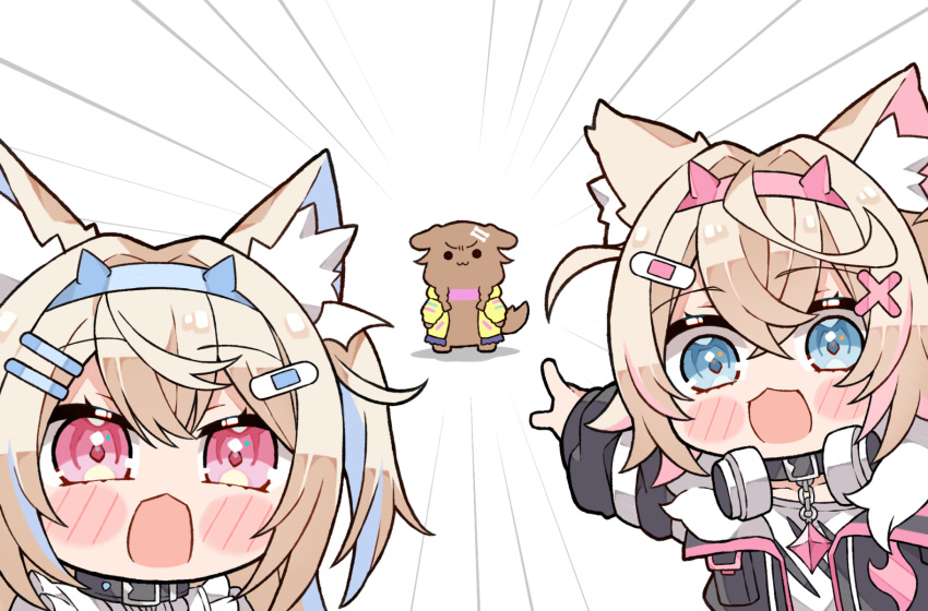 3girls :3 animal_ears animalization bandaid_hair_ornament black_collar black_jacket blonde_hair blue_eyes blue_hair blue_hairband bone_hair_ornament braid brown_hair chibi collar cropped_jacket cropped_shirt crossed_bangs dog dog_ears dog_girl dog_tail double-parted_bangs fake_horns fur-trimmed_jacket fur_trim fuwawa_abyssgard hair_between_eyes hair_intakes hair_ornament hairband hairclip headphones headphones_around_neck highres hololive hololive_english horns inugami_korone_(dog) jacket kukie-nyan light_brown_hair long_hair long_sleeves mococo_abyssgard multicolored_hair multiple_girls open_mouth pink_hair pink_hairband puffy_long_sleeves puffy_sleeves shirt short_hair smile streaked_hair tail twin_braids two_side_up virtual_youtuber white_shirt x_hair_ornament yellow_jacket