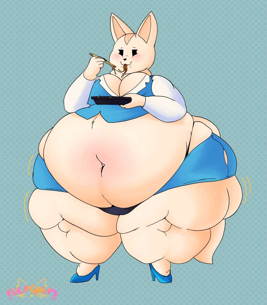 2022 absurd_res aggressive_retsuko anthro blush breasts canid canine chopsticks cleavage clothed clothing eating female fennec fenneko food fox hi_res mammal navel noodles obese obese_anthro obese_female overweight overweight_anthro overweight_female ramen sanrio signature simple_background standing tight_clothing torn_clothing vulpgulps