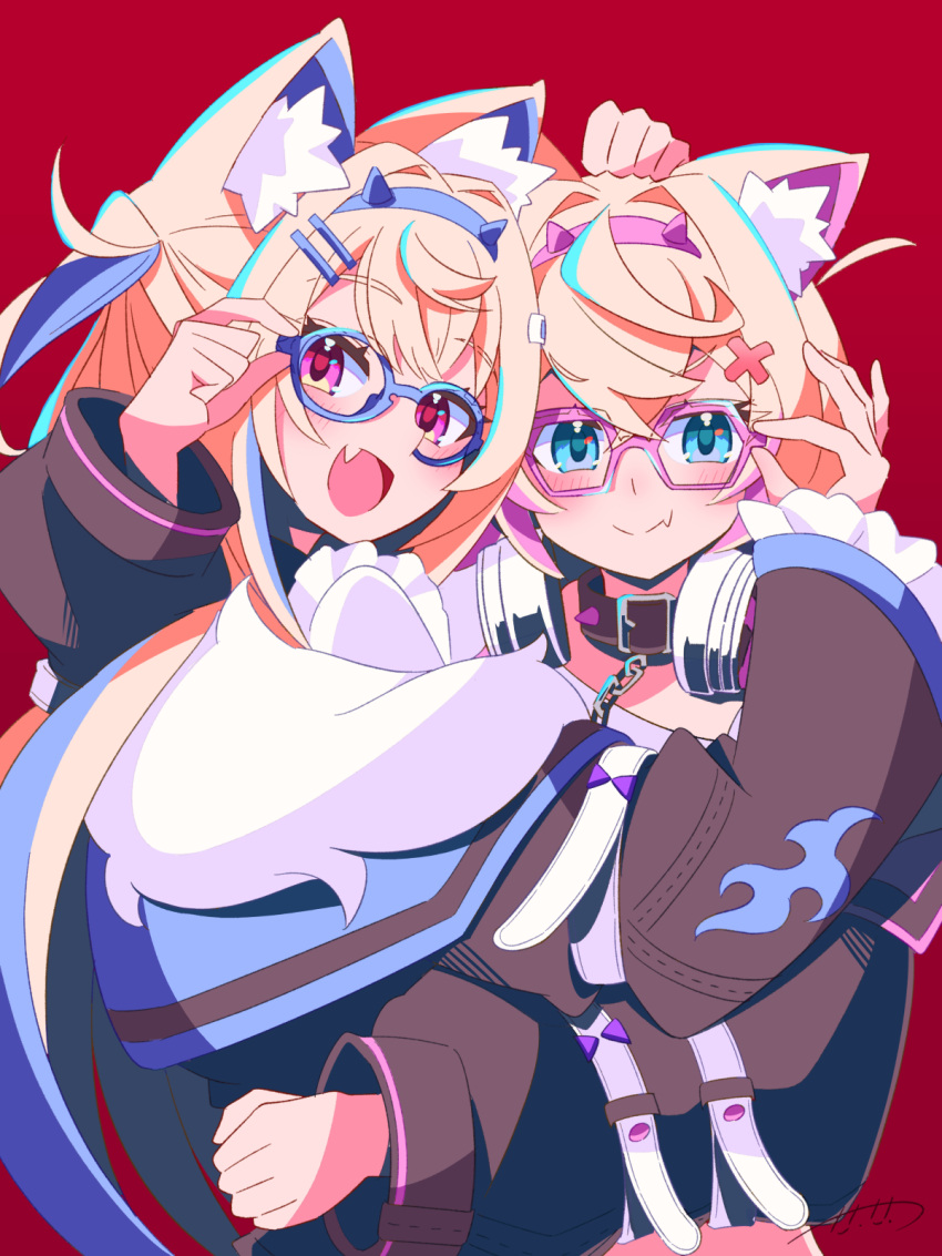 2girls :d adjusting_another's_eyewear animal_collar animal_ear_fluff animal_ears bandaid_hair_ornament bespectacled black_collar black_jacket blonde_hair blue-framed_eyewear blue_eyes blue_hair blue_hairband blush breasts collar crossed_bangs dog_ears double-parted_bangs fake_horns fang fang_out fur-trimmed_jacket fur_trim fuwawa_abyssgard glasses hair_between_eyes hair_intakes hair_ornament hairband hairclip highres hinata_hirune hololive hololive_english horns hug jacket long_hair long_sleeves looking_at_viewer mococo_abyssgard multicolored_hair multiple_girls open_mouth pink-framed_eyewear pink_eyes pink_hair pink_hairband red_background short_hair siblings sisters skin_fang small_breasts smile spiked_collar spikes streaked_hair twins two_side_up virtual_youtuber x_hair_ornament