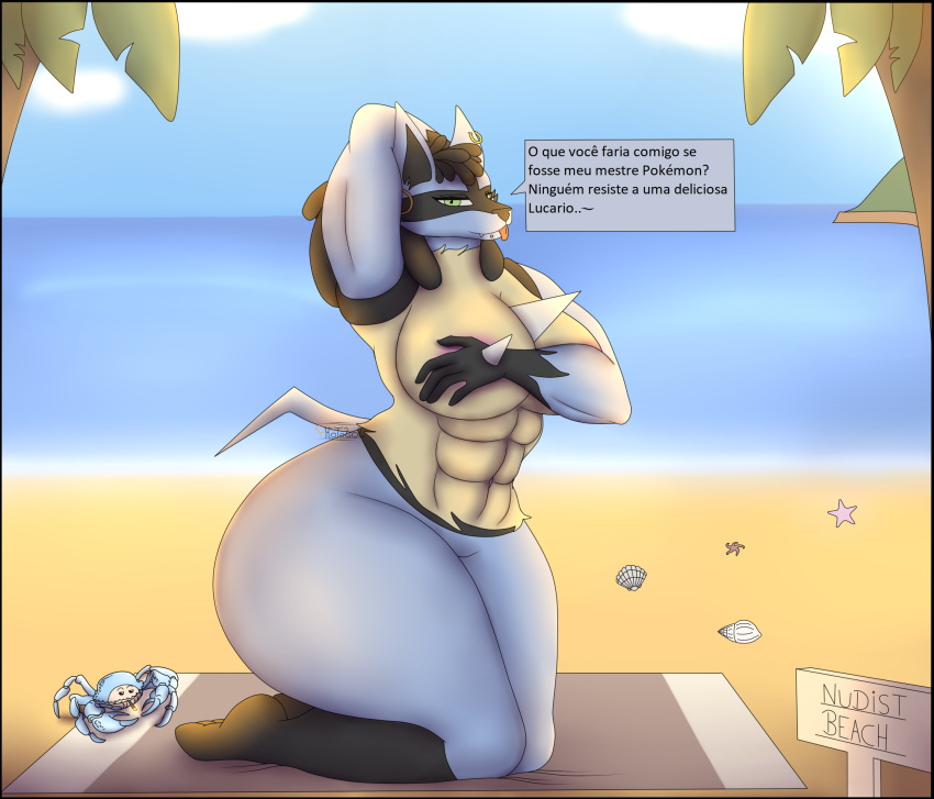 anthro arthropod beach big_breasts big_butt breasts butt canid canine canis crab crustacean decapoda dialogue dreadlocks ear_piercing ear_ring female generation_4_pokemon green_eyes hi_res lucario lucarita_(photolol.03) malacostracan mammal marine mouth_piercing muscular muscular_anthro muscular_female nintendo nudist_beach photolol.03 piercing pokemon pokemon_(species) portuguese_text ring_piercing seaside simple_background solo spycrab text thick_thighs tongue tongue_out wide_hips