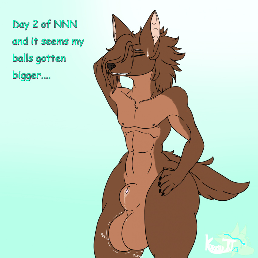 abs animal_genitalia anthro balls big_balls bodily_fluids brown_body brown_hair canid canine canis christopherberry1 eyes_closed fully_sheathed genital_fluids genitals hair hand_in_hair hi_res jackal kurisu_(christopherberry1) male mammal meme motion_lines no_nut_november nude penis penis_tip precum sheath solo sweat sweatdrop touching_hair twitching