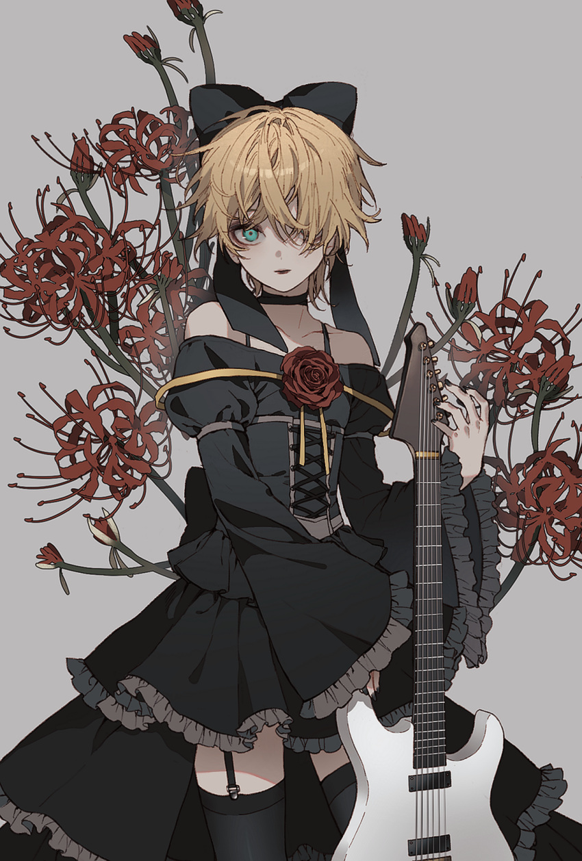 1boy bare_shoulders black_dress black_nails black_ribbon black_thighhighs blonde_hair bsgkstnals03 choker cross-laced_clothes crossdressing dress expressionless flower frilled_dress frilled_sleeves frills garter_straps gothic_lolita green_eyes grey_background guitar hair_over_one_eye highres instrument kagamine_len lipstick lolita_fashion long_sleeves looking_at_viewer makeup male_focus off-shoulder_dress off_shoulder otoko_no_ko pale_skin red_flower red_rose ribbon rose short_hair sleeves_past_fingers sleeves_past_wrists spider_lily standing thighhighs vanan'ice vocaloid