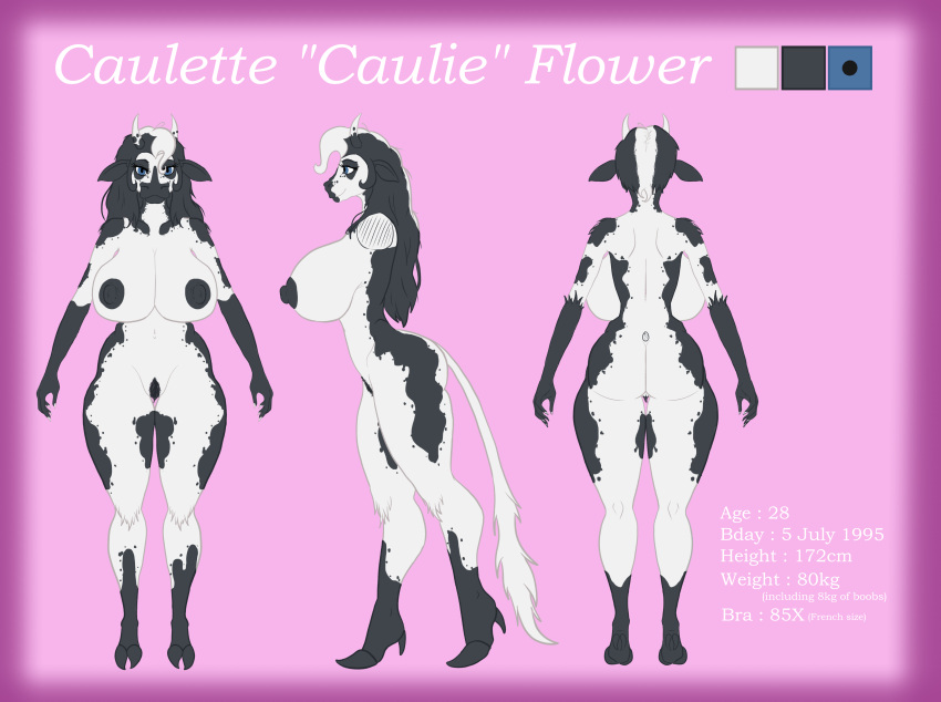 absurd_res anthro black_body black_fur black_hair blue_eyes bovid bovine cattle caulette_flower communaughty competition contest female fur hair hi_res horn mammal model_sheet nipples pubes solo spots spotted_body spotted_fur standing tail white_body white_fur white_hair