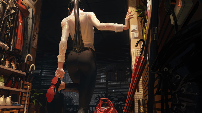 1girl ass bag black_footwear black_hair black_jacket black_pants black_umbrella blinds closed_umbrella guweiz highres indoors jacket katana long_hair long_sleeves original pants plastic_bag ponytail red_jacket red_umbrella see-through sheath sheathed shirt shirt_removed shoe_soles short_sleeves solo standing standing_on_one_leg sword umbrella very_long_hair weapon wet wet_clothes wet_shirt white_shirt window