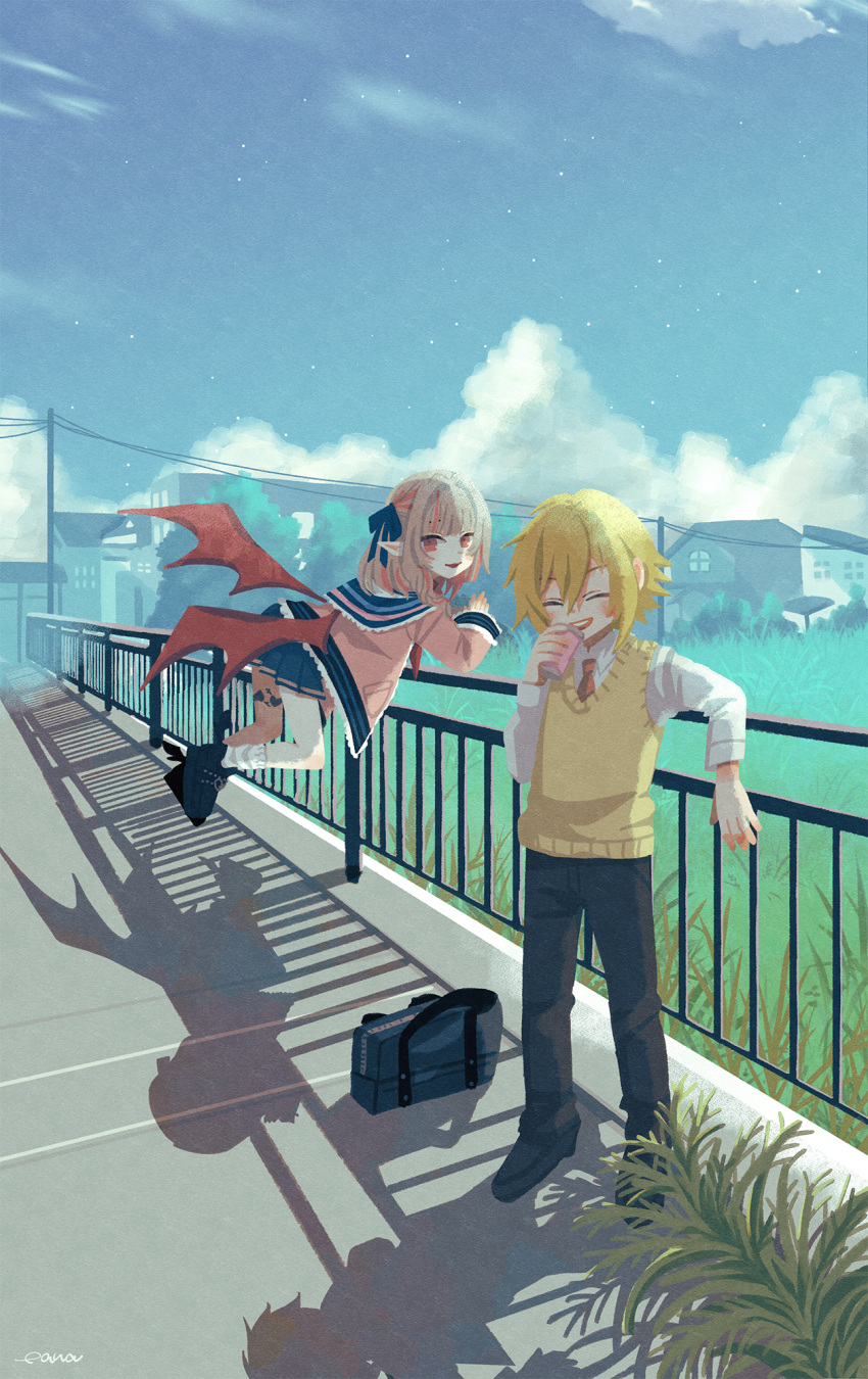 1boy 1girl bag black_pants black_ribbon blonde_hair blue_skirt blue_sky blush brown_hair can closed_eyes collared_shirt demon_girl demon_wings fern highres holding holding_can house jacket long_sleeves makaino_ririmu necktie nijisanji open_mouth pants pink_jacket pointy_ears power_lines red_eyes red_necktie ribbon shadow shirt skirt sky socks sweater_vest teeth tn_kn1000 upper_teeth_only utility_pole uzuki_kou virtual_youtuber white_shirt white_socks wings