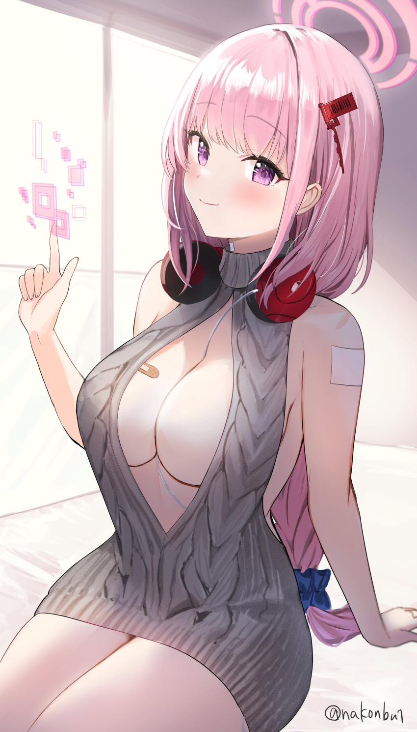 1girl absurdres bandaid bandaid_on_arm bandaid_on_breast between_breasts blue_archive blush braid braided_ponytail breasts cleavage eimi_(blue_archive) grey_sweater hair_ornament halo headphones headphones_around_neck highres large_breasts long_hair looking_at_viewer low_ponytail meme_attire nakonbu pink_hair purple_eyes smile solo sweater virgin_killer_sweater