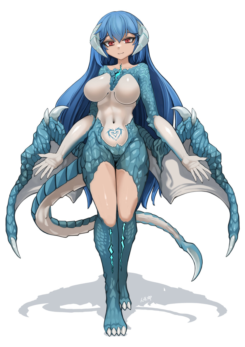 1girl absurdres blue_hair breasts character_request commission copyright_request full_body highres hitokuirou large_breasts looking_at_viewer navel red_eyes simple_background skeb_commission slit_pupils solo white_background