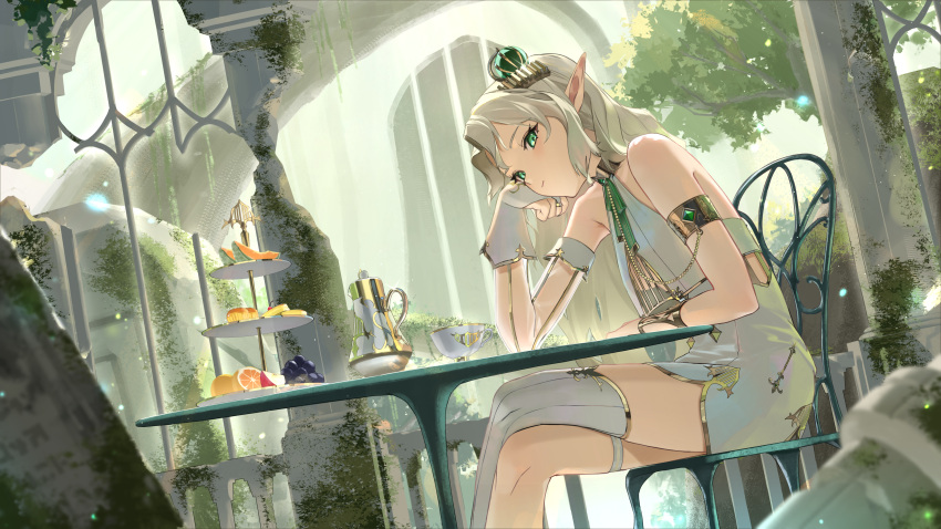 1girl absurdres aepro_corp arm_cuffs asymmetrical_legwear bare_shoulders blonde_hair breasts cantaloupe chair commentary_request crossed_legs cup dress elf ellise_aepro food fruit gloves gold_collar gold_trim green_eyes green_ribbon hair_ornament head_on_hand highres long_hair looking_at_viewer melon melon_slice moss parted_bangs pastry pillar pointy_ears rasa_k ribbon ruins shirt sidelocks single_glove single_thighhigh sitting small_breasts table teacup teapot thigh_strap thighhighs virtual_youtuber wavy_hair white_dress white_gloves white_shirt