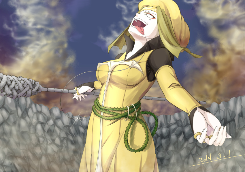 1girl anti-eyebrow_piercing belt breasts cloud commentary_request crater crazy_smile cross dated detached_sleeves dress eyebrow_piercing gold_ring green_belt habit highres holding holding_polearm holding_weapon jewelry long_sleeves medium_breasts mu-_(tel445566) multiple_rings nun open_mouth outdoors piercing plant polearm ring sky sleeveless sleeveless_dress smile solo spikes teeth toaru_majutsu_no_index toaru_majutsu_no_index:_old_testament tongue tongue_out tongue_piercing vent_of_the_front vines weapon yellow_dress yellow_headwear yellow_sleeves