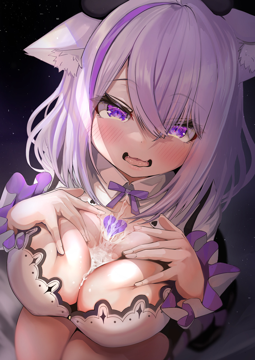 :3 after_ejaculation animal_ear_fluff animal_ears blush bow bowtie breast_suppress breasts bukkake cat_ears cleavage cleavage_cutout clothing_cutout covered_nipples cum deep_skin downblouse fangs from_above hair_between_eyes heart highres hololive kajimakoto large_breasts looking_at_viewer medium_hair nekomata_okayu open_mouth purple_eyes purple_hair sitting virtual_youtuber