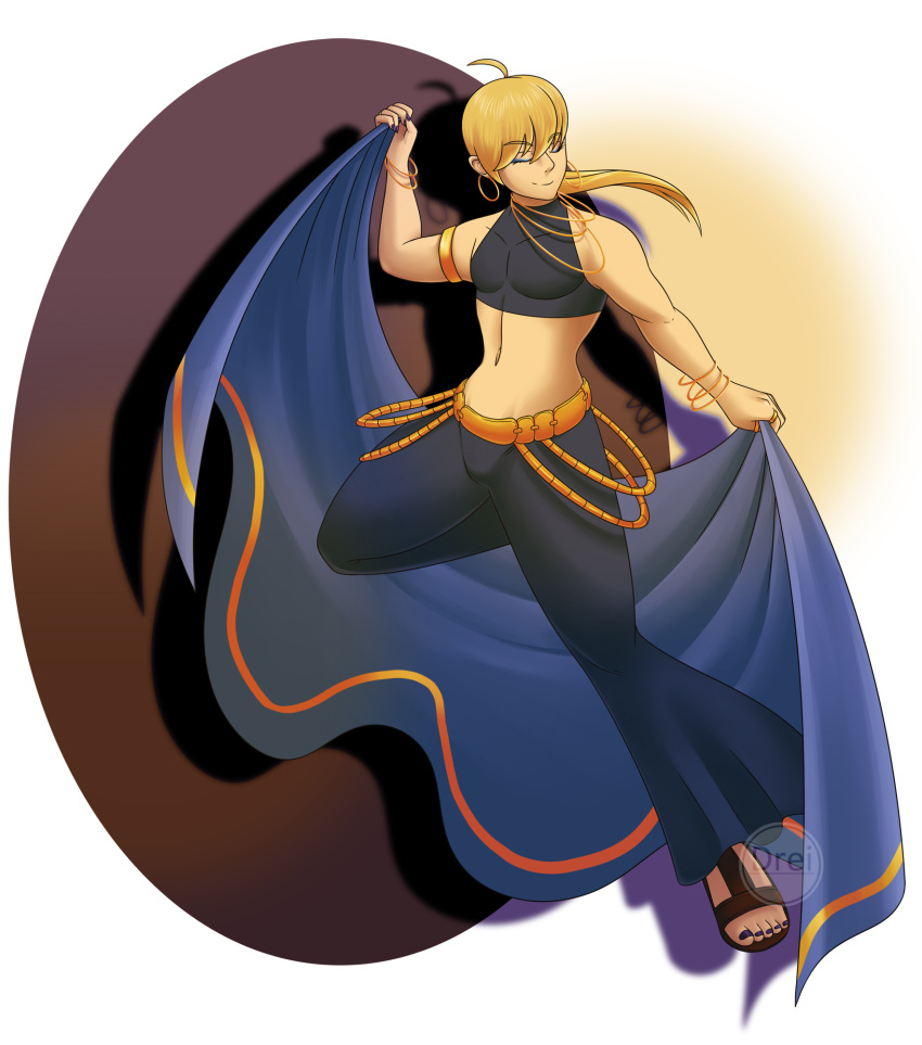 1boy abs ahoge belt black_nails blonde_hair closed_eyes crotch dancer dancer_(final_fantasy) earrings final_fantasy final_fantasy_tactics highres jewelry makeup male_focus n-t-s nail navel pants ponytail ramza_beoulve ring robe shadow signature smile solo tentacles toeless_footwear