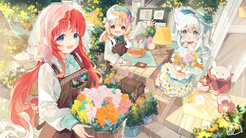 3girls :d alternate_costume alternate_eye_color alternate_hair_color apron backpack bag bag_removed bench blunt_bangs bouquet casual commentary_request contemporary dodoco_(genshin_impact) dress genshin_impact grey_eyes hair_between_eyes hair_ornament hairclip hat highres holding holding_bouquet jumpy_dumpty klee_(genshin_impact) light_brown_hair long_hair long_sleeves looking_at_viewer low_twintails multiple_girls nahida_(genshin_impact) nilou_(genshin_impact) orange_eyes outdoors pinafore_dress plant pointy_ears potted_plant red_hair side_ponytail sidelocks sitting sleeveless sleeveless_dress smile sun_hat table twintails veil waving white_hair xianyuzi