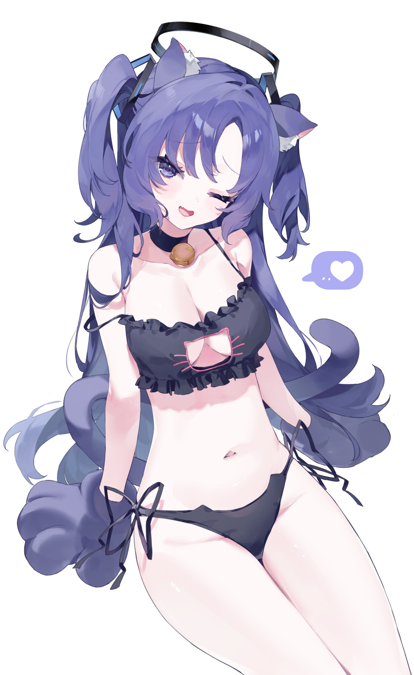 1girl absurdres animal_ear_fluff animal_ears animal_hands bell black_bra black_halo black_panties blue_archive blush bra breasts cat_cutout cat_ears cat_lingerie choker cleavage cleavage_cutout clothing_cutout collarbone feet_out_of_frame frilled_bra frills gloves halo highres large_breasts long_hair looking_at_viewer meme_attire meunhongcha navel neck_bell one_eye_closed open_mouth panties paw_gloves purple_eyes purple_hair side-tie_panties simple_background solo thighs two_side_up underwear white_background yuuka_(blue_archive)