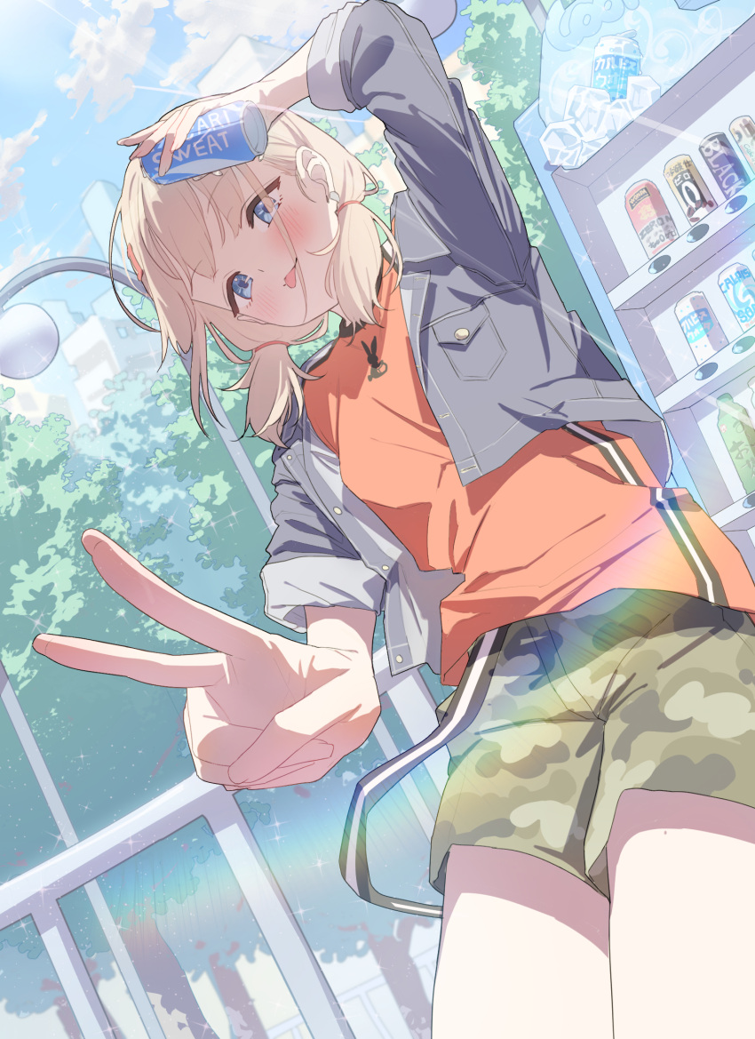 1girl applepie_(12711019) arm_up blonde_hair blue_eyes blue_sky blush building camouflage camouflage_shorts can canned_coffee cloud cloudy_sky commentary cowboy_shot cropped_jacket day denim denim_jacket dutch_angle green_shorts highres holding holding_can idolmaster idolmaster_shiny_colors jacket lamppost looking_at_viewer low_twintails open_clothes open_jacket orange_shirt outdoors park pocari_sweat railing rainbow serizawa_asahi shirt shorts sky sleeves_rolled_up solo sunlight tareme tongue tongue_out tree twintails v vending_machine