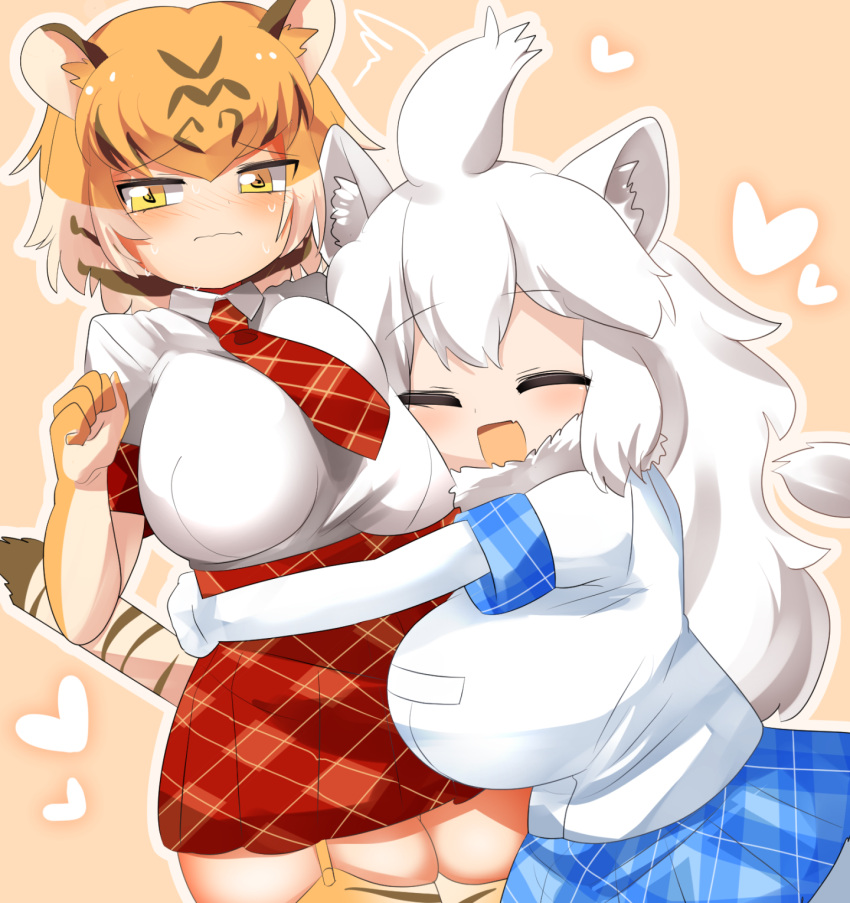 &lt;3 ahoge animal_humanoid bengal_tiger_(kemono_friends) big_breasts blonde_hair bottomwear breasts clothed clothing dress_shirt duo embarrassed embrace eyes_closed felid felid_humanoid female female/female garter_straps hair hi_res hug huge_breasts humanoid kemono_friends legwear lets0020 lion_humanoid long_hair looking_away mammal mammal_humanoid muffin_top_(thigh_highs) necktie open_mouth open_smile pantherine pantherine_humanoid pattern_bottomwear pattern_clothing pattern_necktie pattern_skirt plaid plaid_bottomwear plaid_clothing plaid_necktie plaid_skirt shirt short_hair simple_background skirt smile spiral_eyes stockings striped_hair thick_thighs thigh_highs tiger_humanoid topwear white_hair white_lion_(kemono_friends) yellow_background yellow_eyes