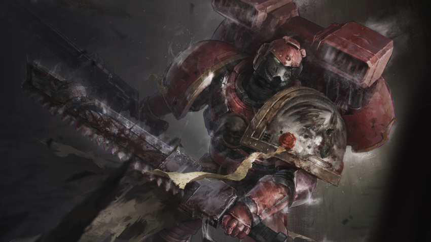 1boy absurdres adeptus_astartes assault_marine battle_damage blood_ravens chainsword daxi4ng dual_wielding highres holding holding_sword holding_weapon jetpack power_armor purity_seal sword warhammer_40k weapon