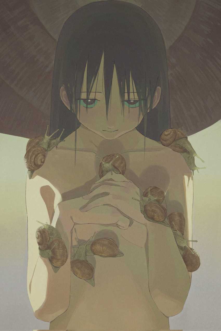 1girl black_hair closed_mouth collarbone covering_breasts covering_privates hair_between_eyes hands_up highres jiankun_yu long_hair looking_at_viewer nude original own_hands_together snail solo upper_body