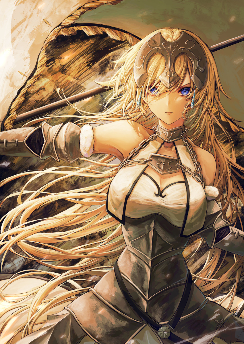 1girl absurdres armpit_peek bare_shoulders blonde_hair breasts chain cleavage fate/grand_order fate_(series) flag grey_armor grey_sleeves helmet highres holding holding_flag jeanne_d'arc_(fate) jeanne_d'arc_(ruler)_(fate) jeanne_d'arc_(third_ascension)_(fate) long_hair looking_at_viewer medium_breasts purple_eyes serious solo very_long_hair white_trim yagi_(yagi5art)