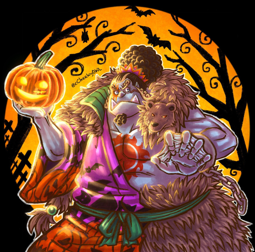 1boy afro artist_name bara beard black_hair blue_skin chain cheekyowl colored_skin english_commentary facial_hair fangs food happy_halloween highres holding holding_food holding_pumpkin holding_vegetable jack-o'-lantern jinbe_(one_piece) muscular one_piece pectorals pointy_ears pumpkin solo standing vegetable webbed_hands wide_sleeves