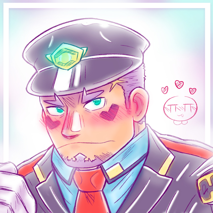 1boy artist_self-insert bara blush dark-skinned_male dark_skin dcmasterivan facial_hair gloves goatee green_eyes hat heart highres kepi live_a_hero mature_male military_hat necktie pale_color portrait shaft_(live_a_hero) short_hair sideburns sideburns_stubble solo_focus thick_eyebrows two-tone_beard