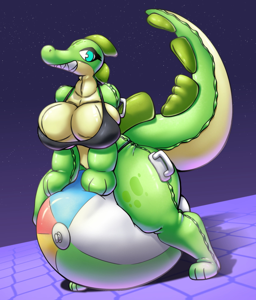 alligator alligatorid anthro ball beach_ball big_breasts bikini black_bikini black_clothing black_swimwear breasts clothing crocodilian female green_body green_eyes handles handles_on_hips handles_on_shoulders hi_res huge_breasts inflatable inflatable_toy multicolored_body nozzle pool_toy reptile scalie simple_background smile solo swimwear thick_thighs z_dragon