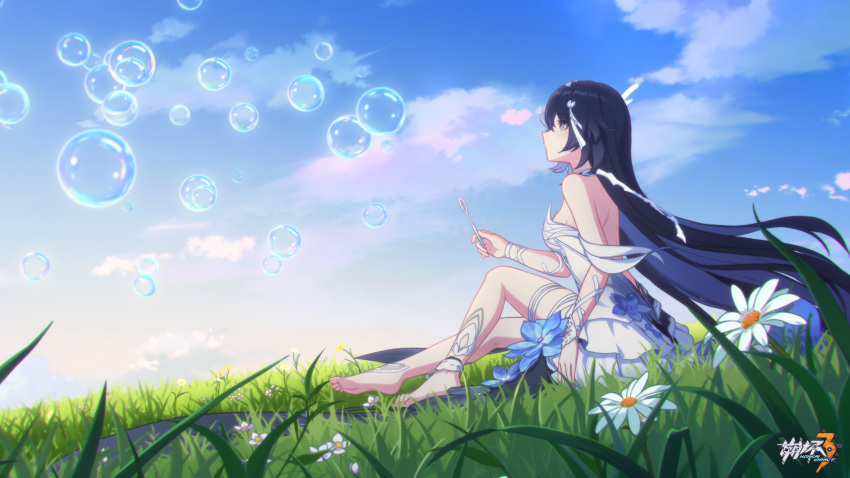 1girl absurdres bare_shoulders barefoot bubble cloud cloudy_sky colored_inner_hair day detached_sleeves dress flower grass highres honkai_(series) honkai_impact_3rd logo long_hair looking_up multicolored_hair official_art official_wallpaper on_grass outdoors plant seele_vollerei seele_vollerei_(herrscher_of_rebirth) sitting sky smile solo white_dress white_flower white_headwear