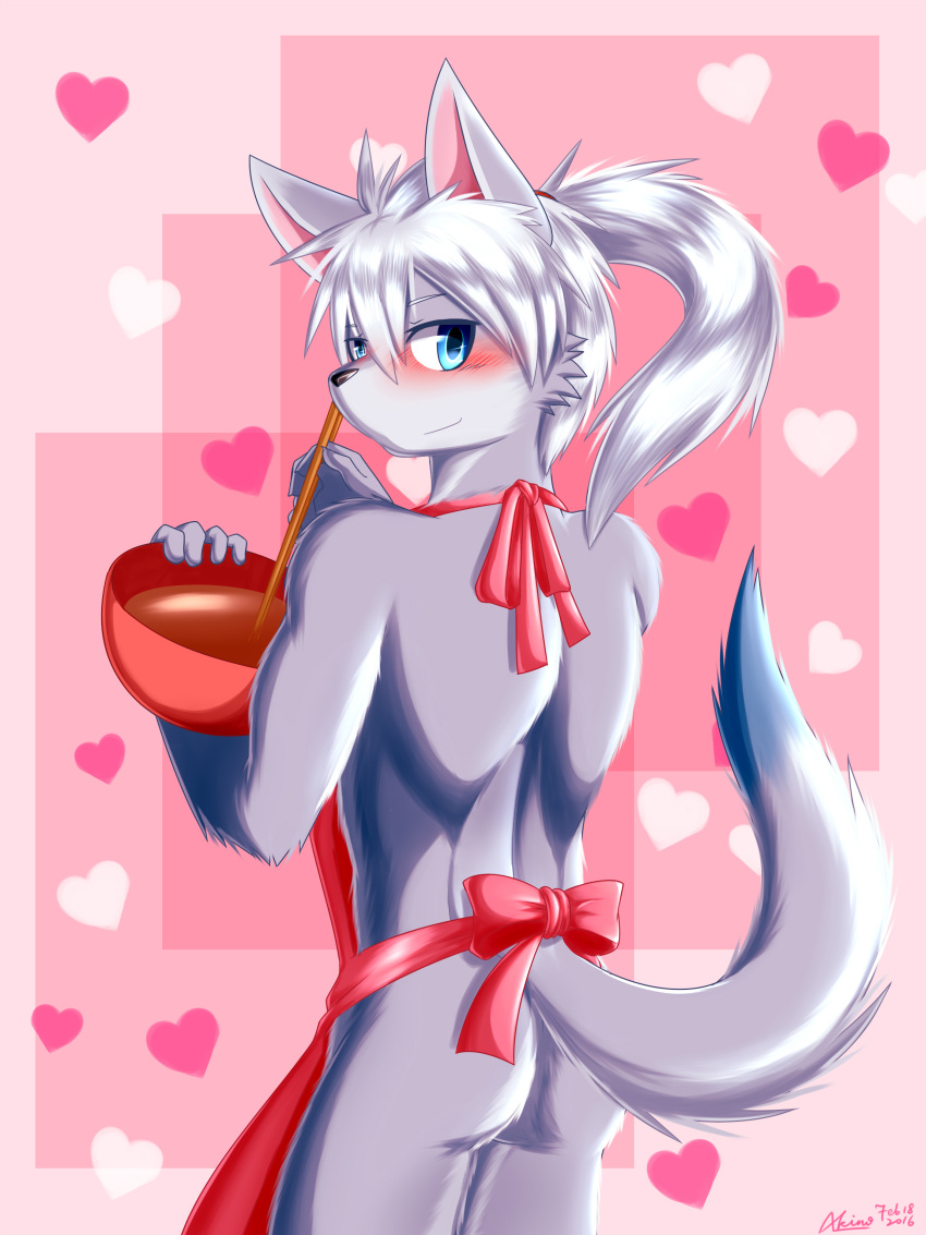 &lt;3 absurd_res akebono_yuminaga_(akino-kamihara) akino-kamihara anthro apron apron_only blush bowl butt candy canid canine canis chocolate clothing container dessert food hair heart_background hi_res holidays hybrid looking_back male mammal nude ponytail_(hair) smilling solo tail teenager tied_hair valentine's_day wolfdog wooden_spoon young